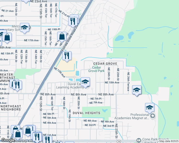 map of restaurants, bars, coffee shops, grocery stores, and more near 1119 Northeast 21st Street in Gainesville