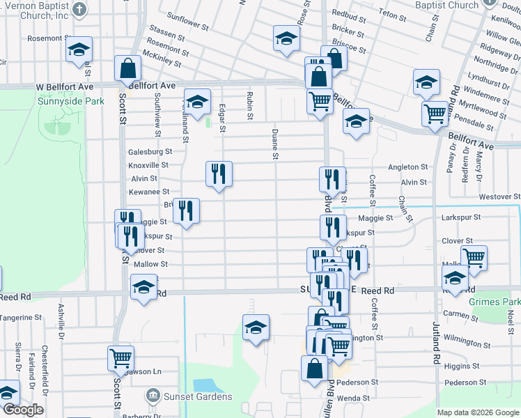 map of restaurants, bars, coffee shops, grocery stores, and more near 4521 Maggie Street in Houston