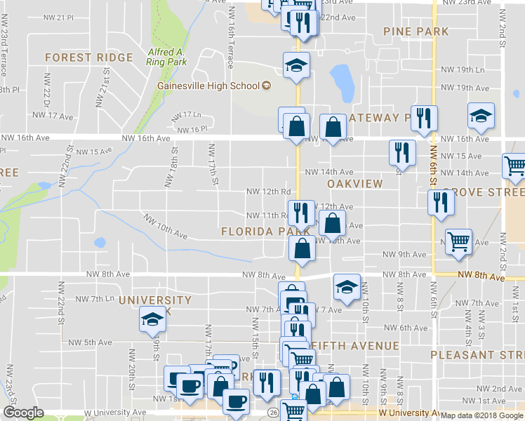map of restaurants, bars, coffee shops, grocery stores, and more near 1101 Northwest 15th Street in Gainesville