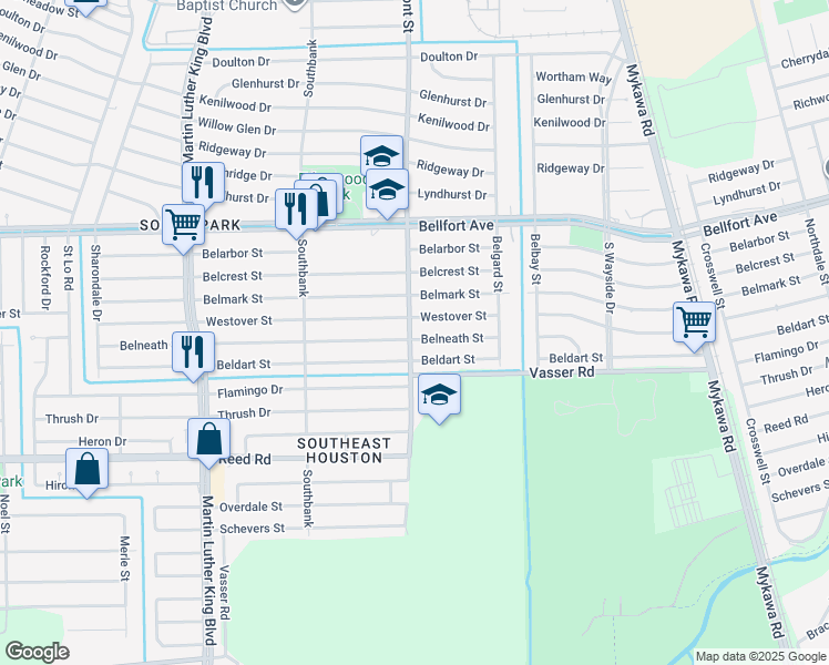 map of restaurants, bars, coffee shops, grocery stores, and more near 5910 Belneath Street in Houston