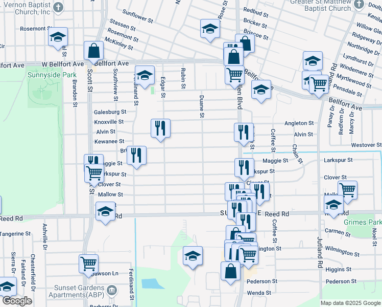 map of restaurants, bars, coffee shops, grocery stores, and more near 4521 Maggie Street in Houston