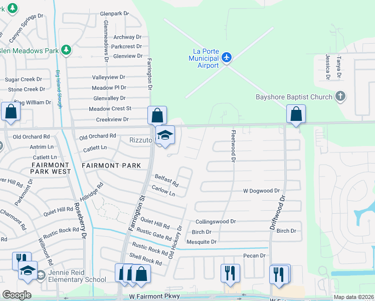 map of restaurants, bars, coffee shops, grocery stores, and more near 10525 Eagle Nest Drive in La Porte