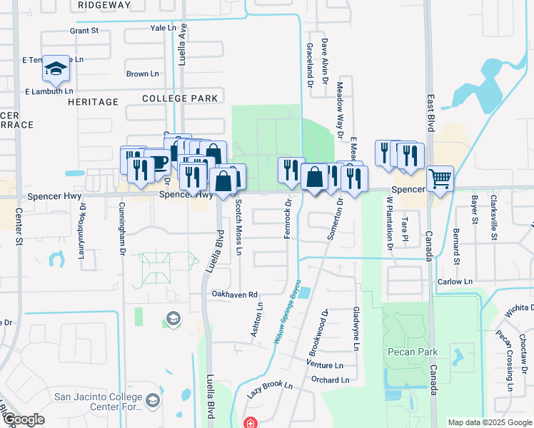 map of restaurants, bars, coffee shops, grocery stores, and more near 8511 Beechaven Road in La Porte