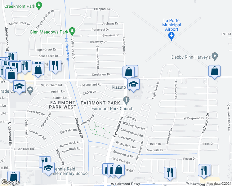 map of restaurants, bars, coffee shops, grocery stores, and more near 10322 Antrim Lane in La Porte