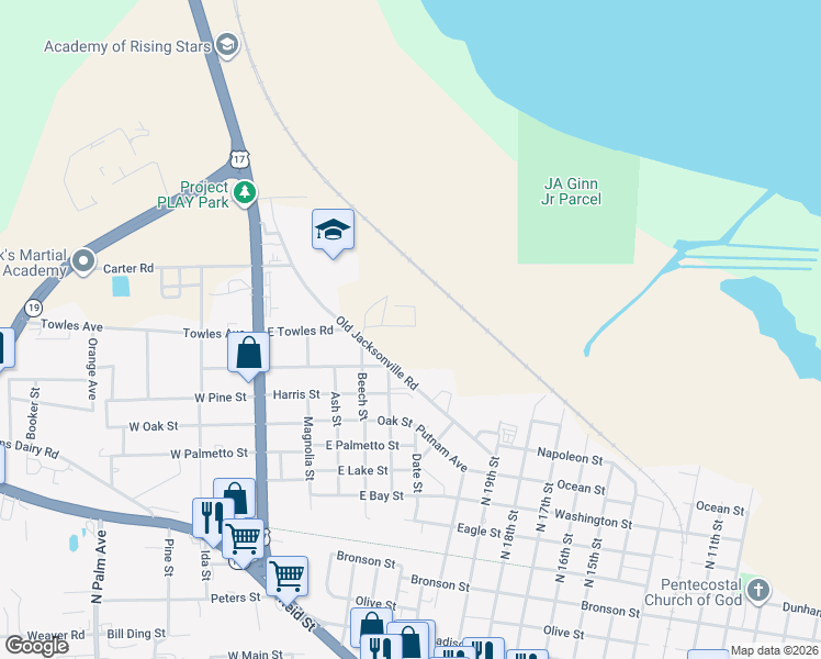 map of restaurants, bars, coffee shops, grocery stores, and more near 133 North Beech Street in Palatka