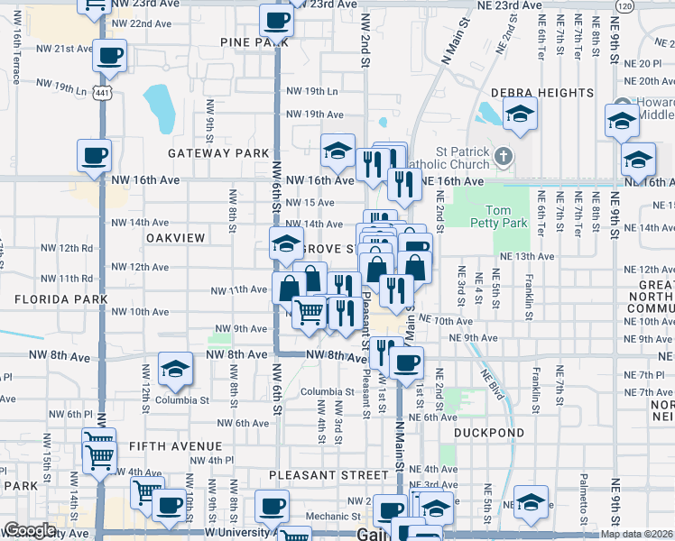 map of restaurants, bars, coffee shops, grocery stores, and more near 225 Northwest 12th Street in Gainesville