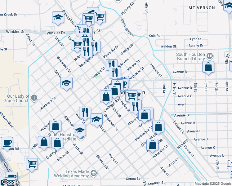 map of restaurants, bars, coffee shops, grocery stores, and more near 515 Illinois Street in South Houston