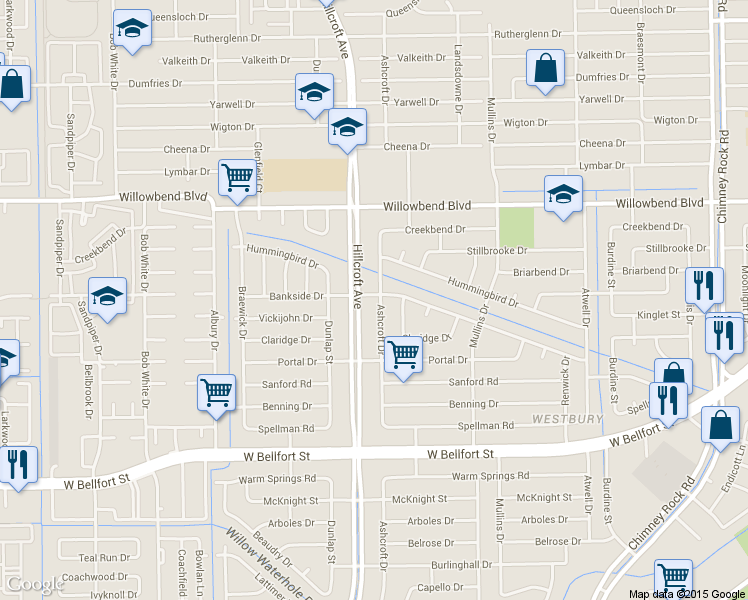 map of restaurants, bars, coffee shops, grocery stores, and more near 10810 Ashcroft Drive in Houston