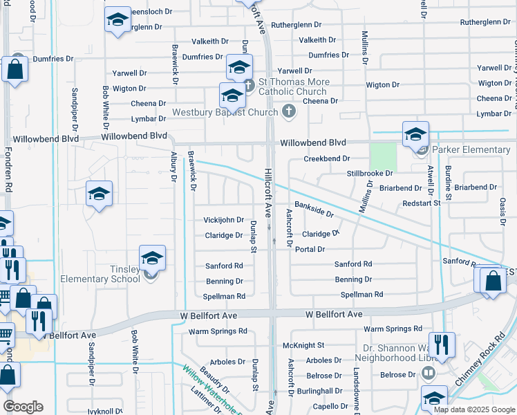 map of restaurants, bars, coffee shops, grocery stores, and more near 10803 Dunlap Street in Houston