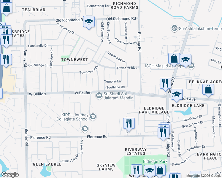 map of restaurants, bars, coffee shops, grocery stores, and more near 13833 West Bellfort Boulevard in Sugar Land