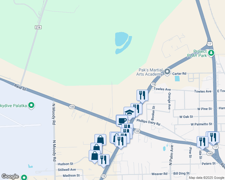 map of restaurants, bars, coffee shops, grocery stores, and more near 3809 Reid Street in Palatka