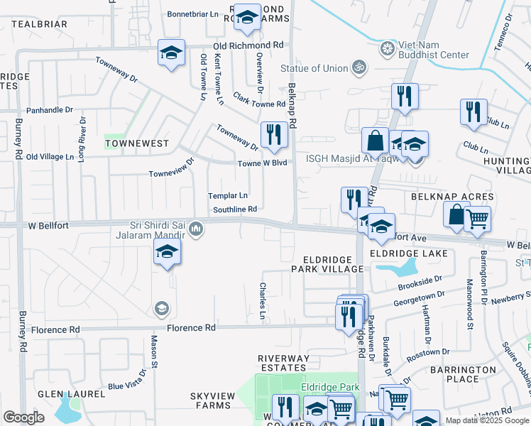 map of restaurants, bars, coffee shops, grocery stores, and more near 13703 Southline Road in Sugar Land