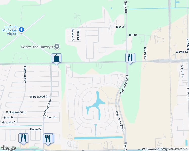 map of restaurants, bars, coffee shops, grocery stores, and more near 551 Winburn Tide Lane in La Porte
