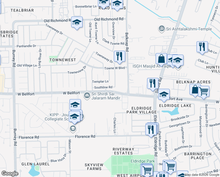 map of restaurants, bars, coffee shops, grocery stores, and more near 13703 Southline Road in Sugar Land
