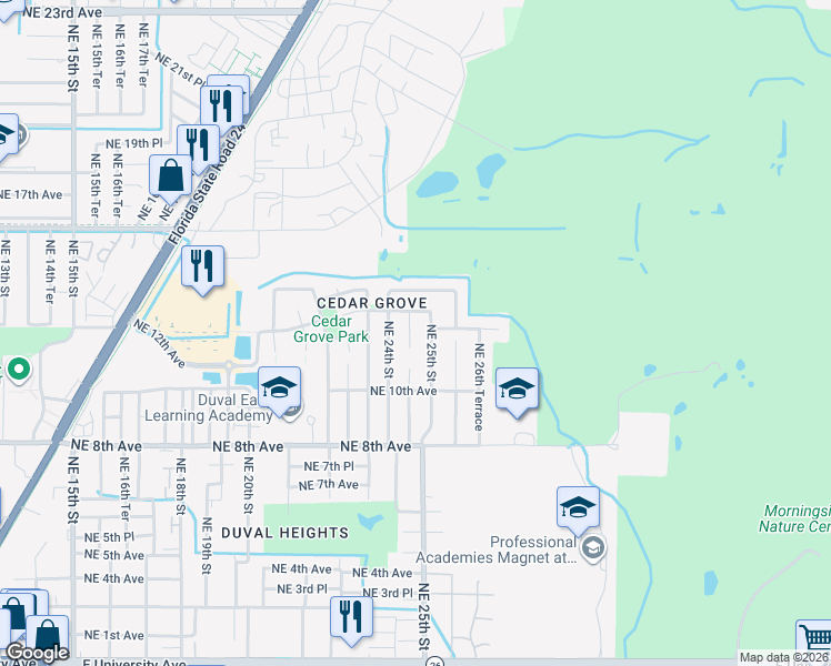 map of restaurants, bars, coffee shops, grocery stores, and more near 1120 Northeast 24th Terrace in Gainesville