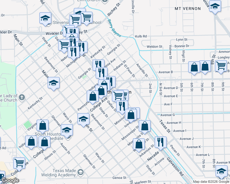 map of restaurants, bars, coffee shops, grocery stores, and more near in South Houston