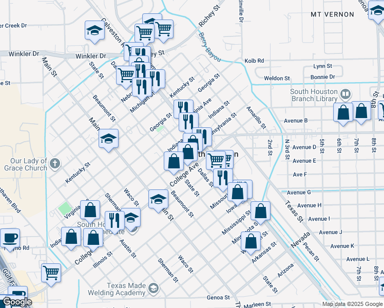 map of restaurants, bars, coffee shops, grocery stores, and more near 515 Illinois Street in South Houston