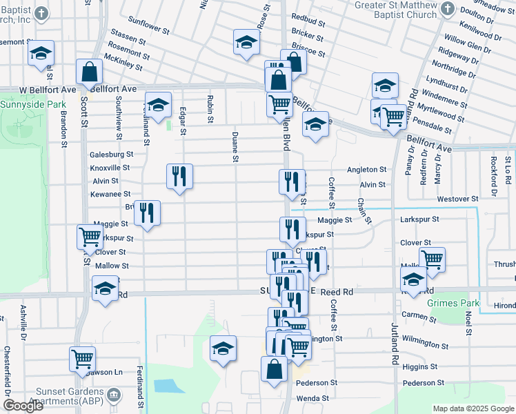 map of restaurants, bars, coffee shops, grocery stores, and more near 4611 Maggie Street in Houston