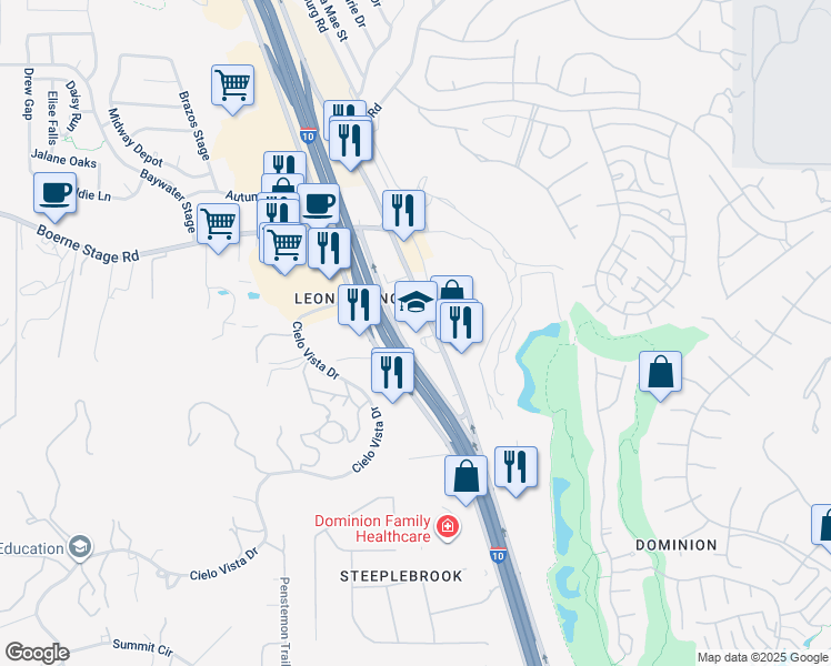 map of restaurants, bars, coffee shops, grocery stores, and more near 23881 Interstate 10 in San Antonio