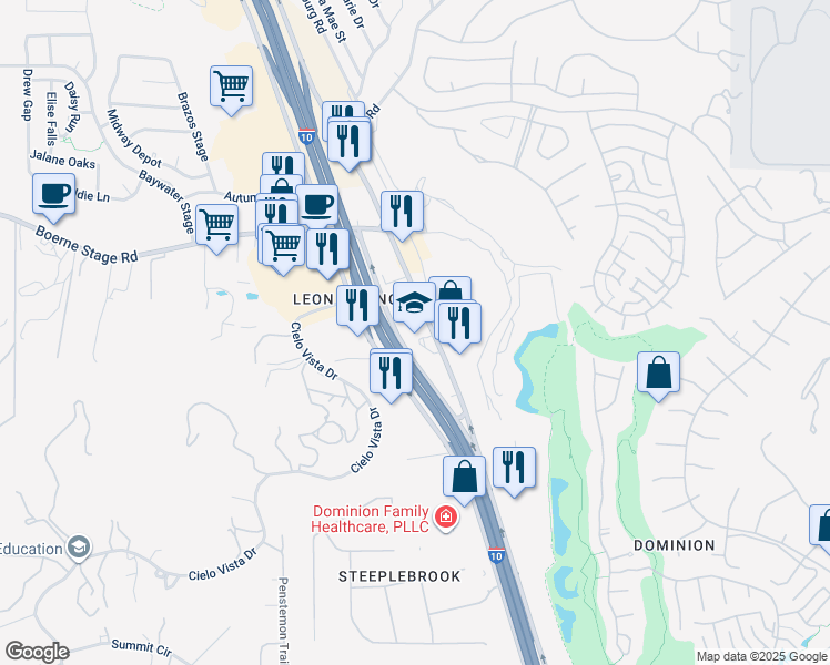 map of restaurants, bars, coffee shops, grocery stores, and more near W IH 10 in San Antonio