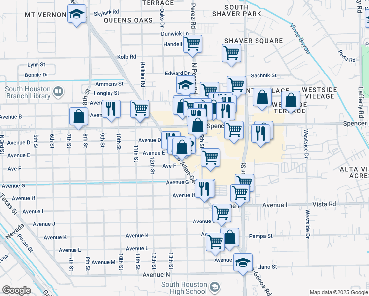 map of restaurants, bars, coffee shops, grocery stores, and more near 1304 Avenue East in South Houston