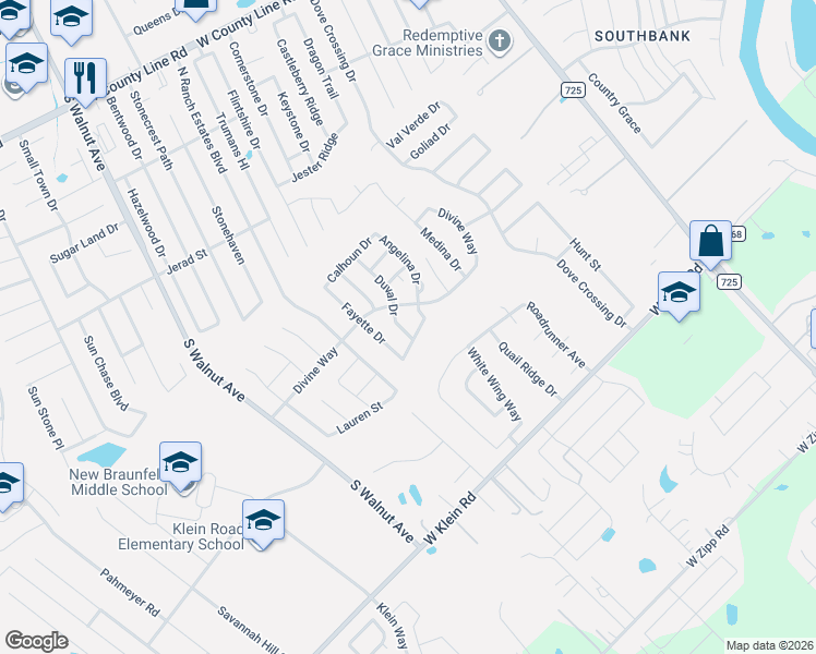 map of restaurants, bars, coffee shops, grocery stores, and more near 531 Gaines Drive in New Braunfels
