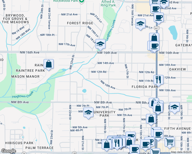 map of restaurants, bars, coffee shops, grocery stores, and more near 2014 Northwest 11th Road in Gainesville