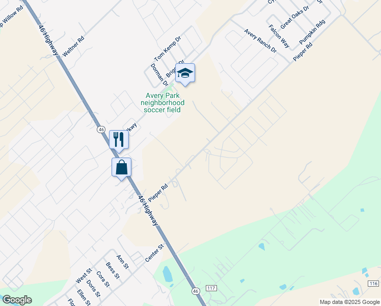 map of restaurants, bars, coffee shops, grocery stores, and more near 1265 Pieper Road in New Braunfels