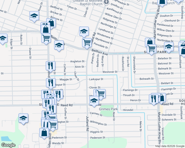 map of restaurants, bars, coffee shops, grocery stores, and more near 5019 Larkspur Street in Houston