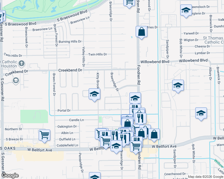 map of restaurants, bars, coffee shops, grocery stores, and more near 10806 Vickijohn Court in Houston