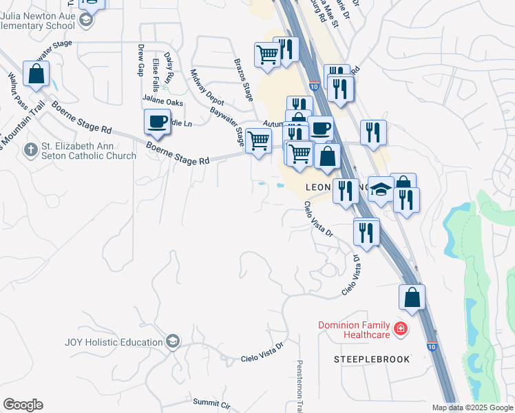 map of restaurants, bars, coffee shops, grocery stores, and more near 24137 Boerne Stage Road in San Antonio