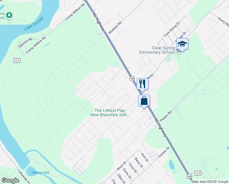 map of restaurants, bars, coffee shops, grocery stores, and more near 228 Mistflower in New Braunfels