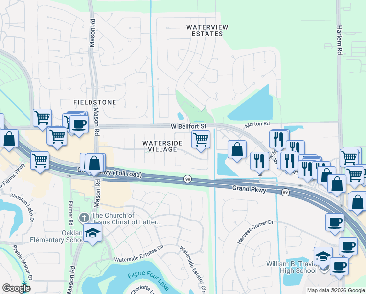 map of restaurants, bars, coffee shops, grocery stores, and more near 4810 Waterside Village Court in Richmond