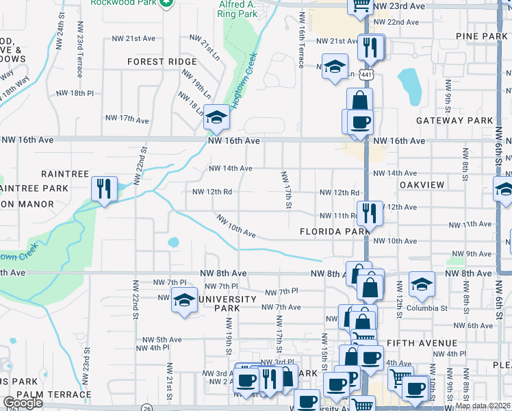map of restaurants, bars, coffee shops, grocery stores, and more near 1739 Northwest 11th Road in Gainesville