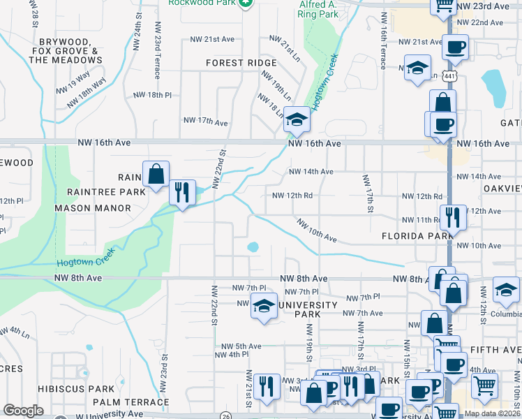 map of restaurants, bars, coffee shops, grocery stores, and more near 1001-1099 Northwest 21st Street in Gainesville