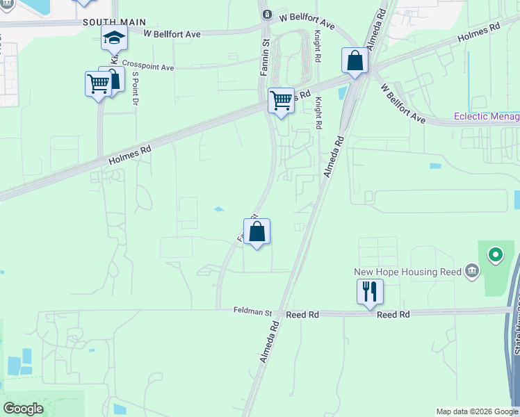map of restaurants, bars, coffee shops, grocery stores, and more near 9807 Fannin Street in Houston