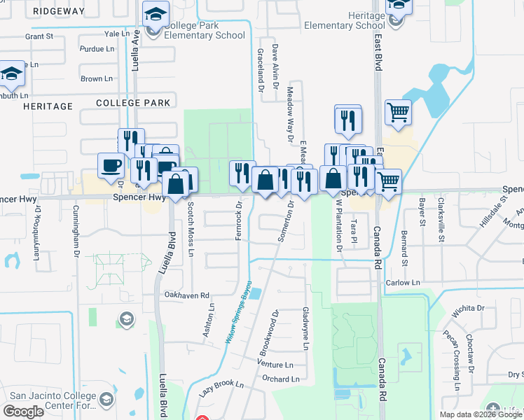 map of restaurants, bars, coffee shops, grocery stores, and more near 3110 Eastwick Lane in La Porte