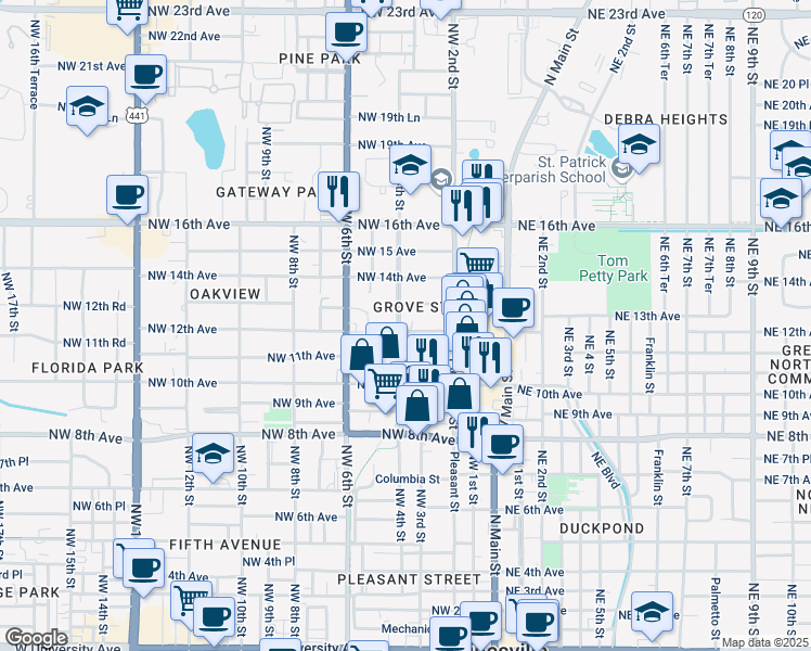 map of restaurants, bars, coffee shops, grocery stores, and more near 1114 Northwest 4th Street in Gainesville