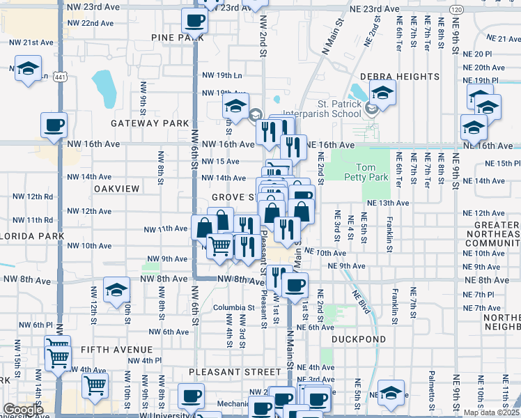 map of restaurants, bars, coffee shops, grocery stores, and more near 225 Northwest 12th Street in Gainesville