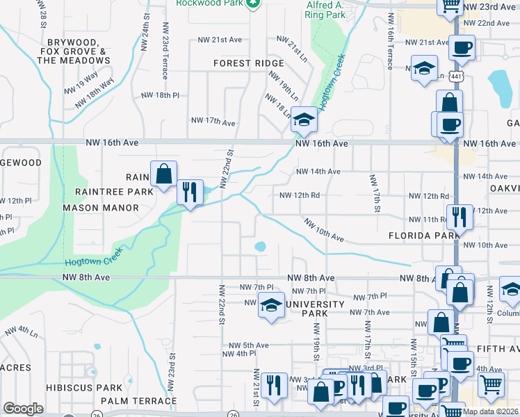 map of restaurants, bars, coffee shops, grocery stores, and more near 1001-1099 Northwest 21st Street in Gainesville