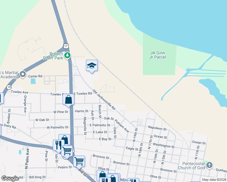 map of restaurants, bars, coffee shops, grocery stores, and more near 133 North Beech Street in Palatka