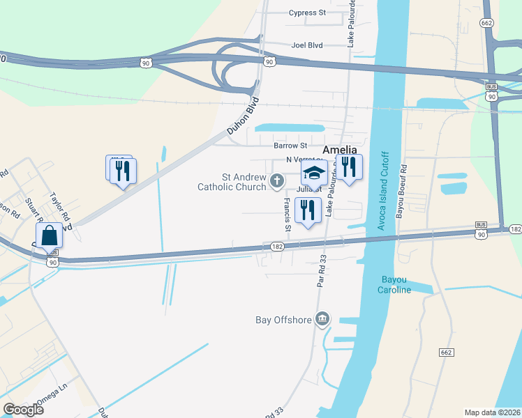 map of restaurants, bars, coffee shops, grocery stores, and more near in Morgan City