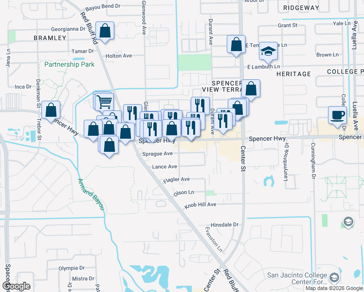 map of restaurants, bars, coffee shops, grocery stores, and more near 7202 Spencer Highway in Pasadena