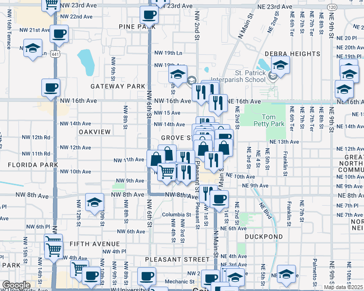 map of restaurants, bars, coffee shops, grocery stores, and more near 225 Northwest 12th Street in Gainesville