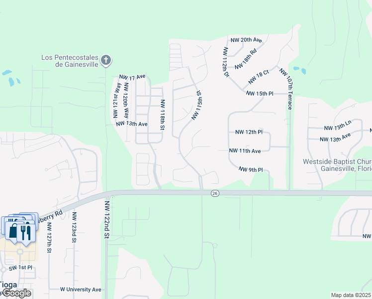 map of restaurants, bars, coffee shops, grocery stores, and more near NW 115th St in Gainesville