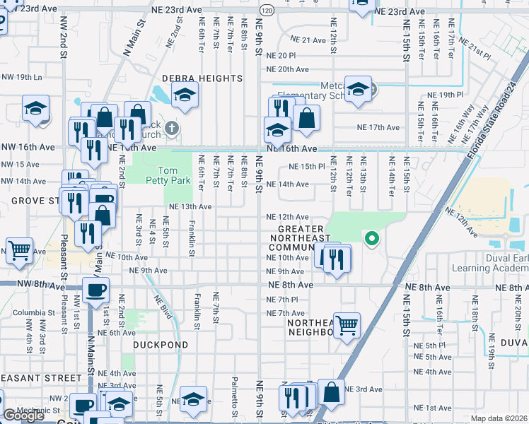 map of restaurants, bars, coffee shops, grocery stores, and more near 914 Northeast 11th Avenue in Gainesville