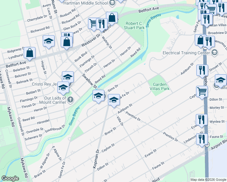 map of restaurants, bars, coffee shops, grocery stores, and more near 6815 Swallow Street in Houston