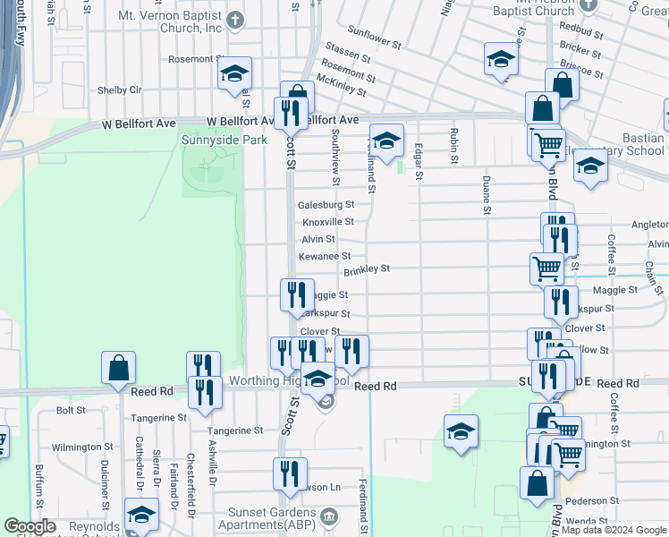 map of restaurants, bars, coffee shops, grocery stores, and more near 4204 Brinkley Street in Houston