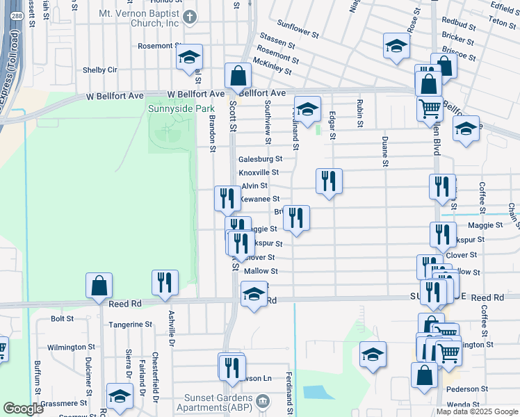 map of restaurants, bars, coffee shops, grocery stores, and more near 4119 Maggie Street in Houston