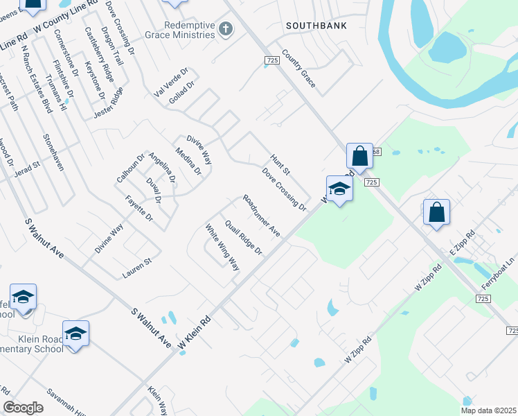 map of restaurants, bars, coffee shops, grocery stores, and more near 200 Roadrunner Avenue in New Braunfels